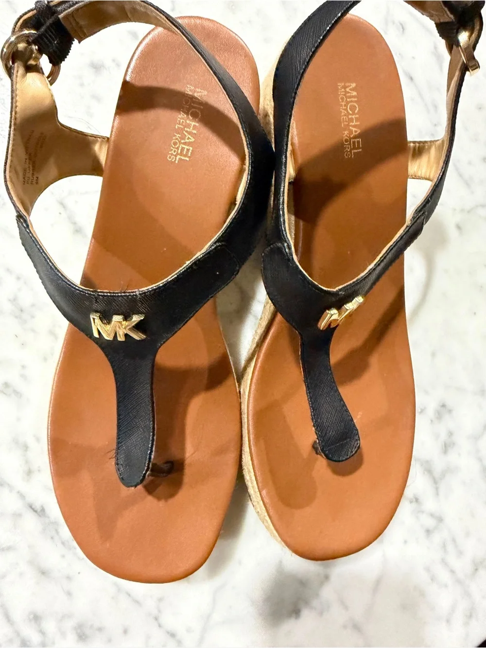 Michael Kors Black and Brown Leather Thong Sandals with Gold MK Accent